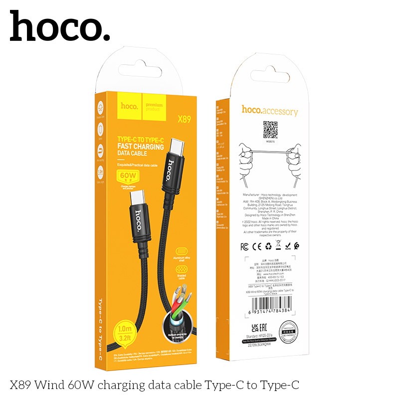 Dây cáp sạc nhanh Hoco X89 Type-C to Type-C PD60W truyền dữ liệu, dây bọc dù chống đứt 1M hàng chính hãng Hoco Mall
