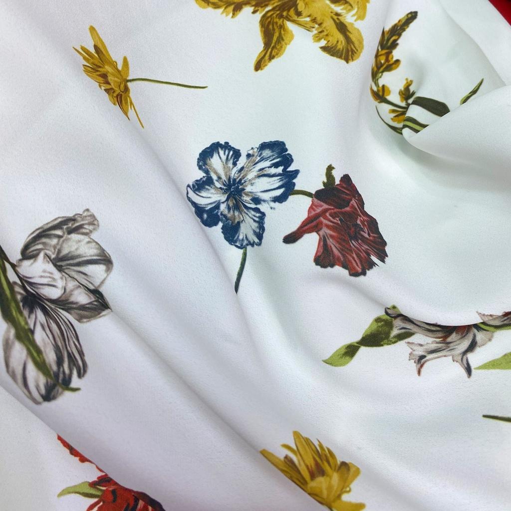 Vải Lụa Ngọc mai nền trắng hoa may áo đầm áo dài M1598