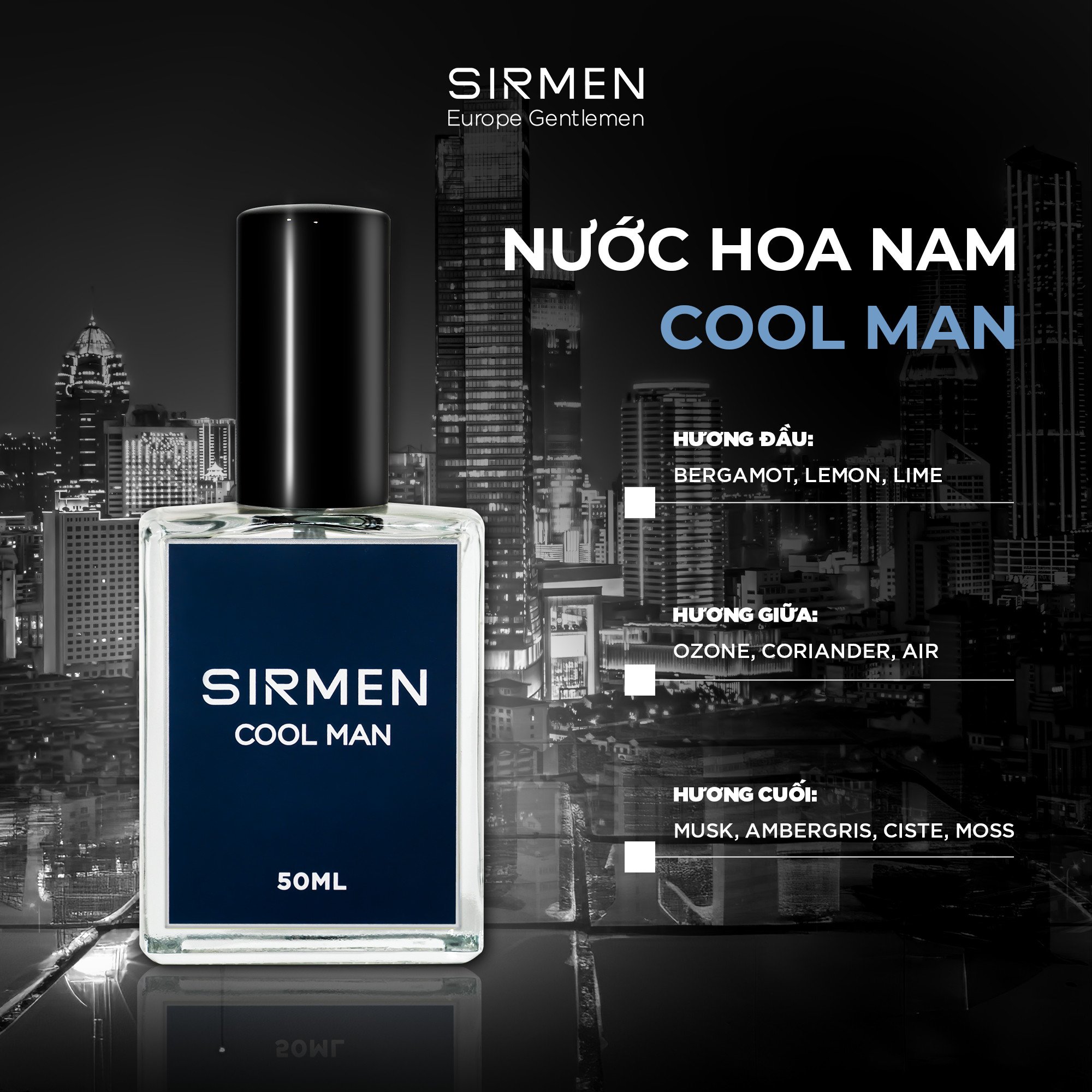 Nước hoa nam SIRMEN COOL MAN Eau de Parfum Châu Âu Europe Gentlemen cao cấp chai 50ml thơm thanh mát, trẻ trung, năng động