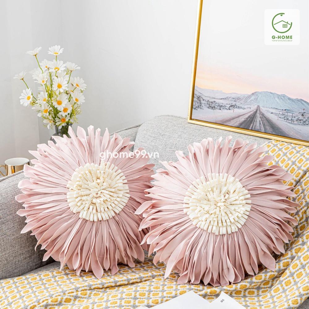 Vỏ gối tựa lưng sofa vải nhung cao cấp Ghome, vỏ gối tròn họa tiết hoa mềm mại sang trọng VG21M4
