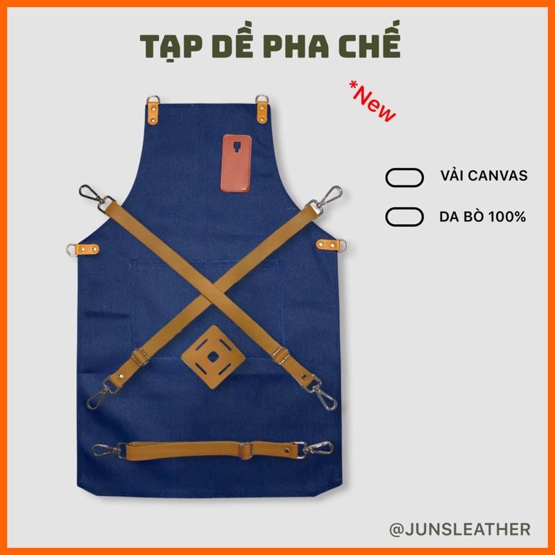 Tạp dề pha chế vải canvas dây da của Junsleather phối da bò cao cấp dành cho Barista/Bartender quán cà phê