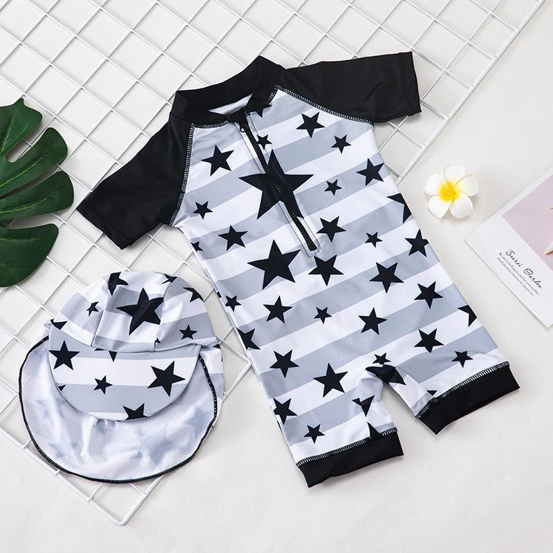 2021 Bé Trai Bơi Có Nón Trẻ Em Nam Đầm Với Ngôi Sao In Nữ Tay Ngắn Bơi Cho Bé áo Tắm - 6-12 months old (babies)