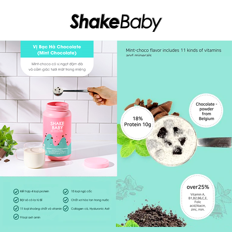 [CHÍNH HÃNG] Bột Ngũ Cốc Ăn Kiêng Thay Thế Bữa Ăn SHAKE BABY Diet Formular Protein Vị Chocolate Bạc Hà Hỗ Trợ Giảm Cân 750g