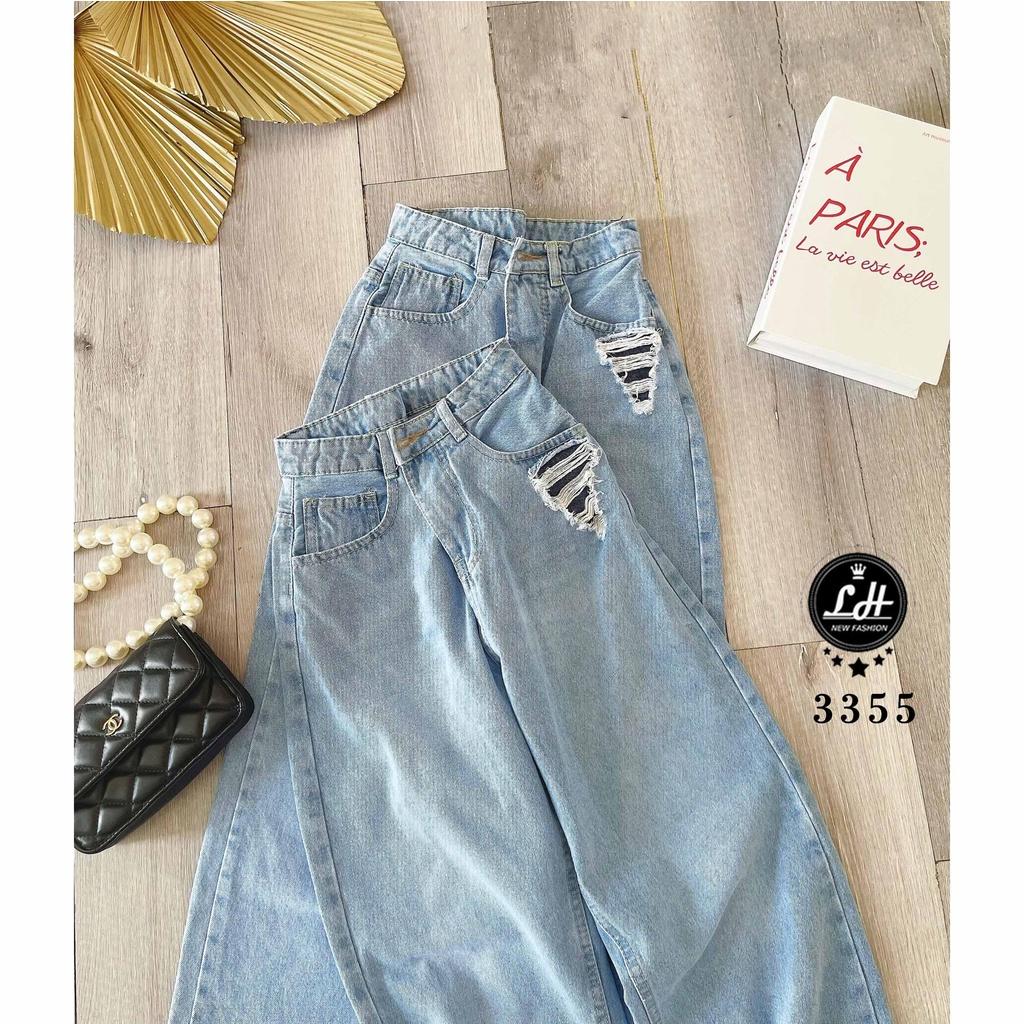 Quần jean nữ ống rộng, quần bò màu xanh loang rách túi tam giác đọc lạ Lê Huy Fashion MS 3355