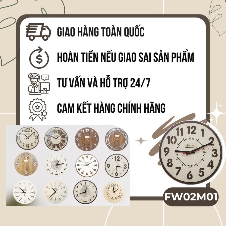 Đồng Hồ Treo Tường Kim Trôi Decor Trang Trí Bằng Gỗ, Thương Hiệu FIVO Mẫu FW02, Thiết Kế Sang Trọng Tặng Kèm Pin Và Móc Treo Tường