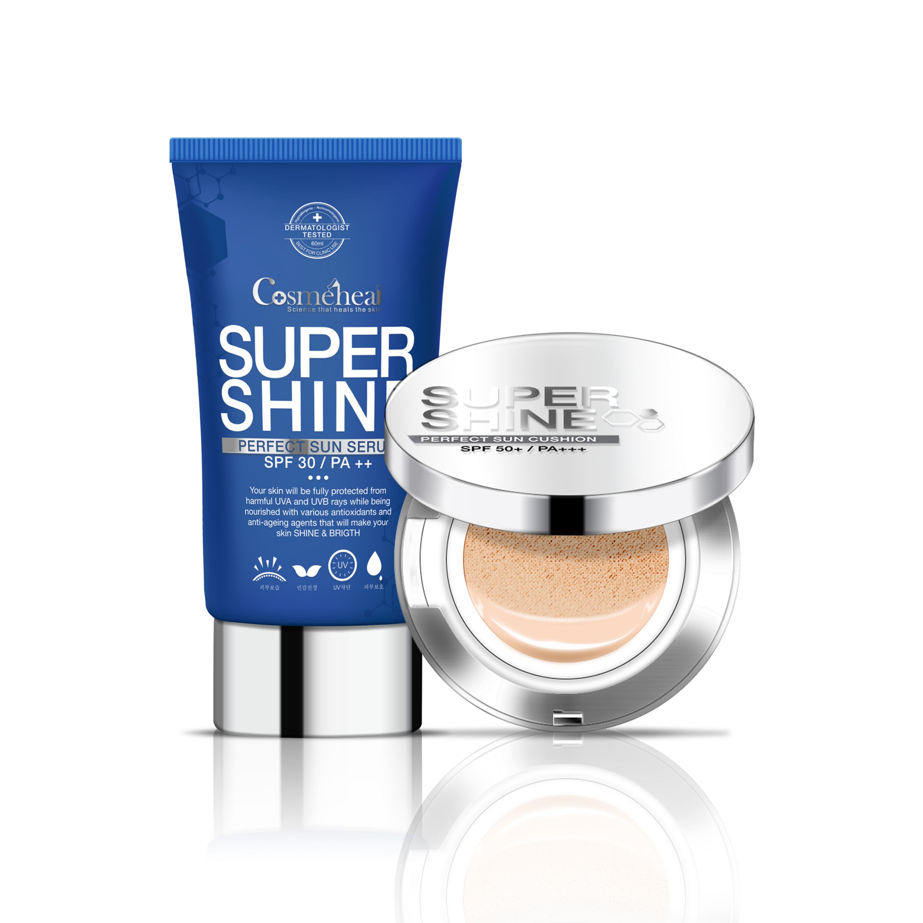 Combo Kem chống nắng Sun Serum và Phấn nước Sun Cushion Super Shine Cosmeheal