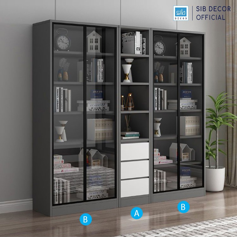 Set Tủ Sách Gỗ Nhiều Ngăn Tiện Lợi Phối Cửa Kính Trung Bày Hiện Đại Thương Hiệu SIB Decor KS603