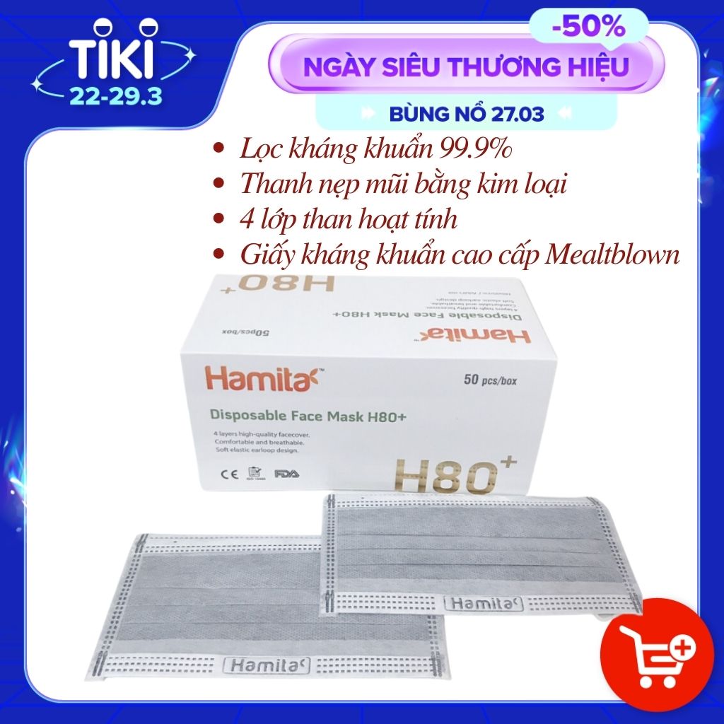 Khẩu trang y tế than hoạt tính Hamita 4 lớp (Hộp 50 cái) Hàng xuất khẩu Model H80+ _ ISO13485, CE, FDA