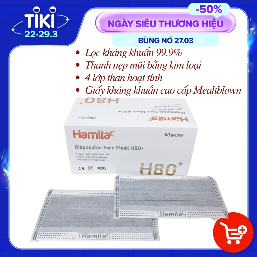 Khẩu trang y tế than hoạt tính Hamita 4 lớp (Hộp 50 cái) Hàng xuất khẩu Model H80+ _ ISO13485, CE, FDA - Mẫu mới, sử dụng thanh nẹp mũi băng kẽm giúp cố định mũi tốt hơn