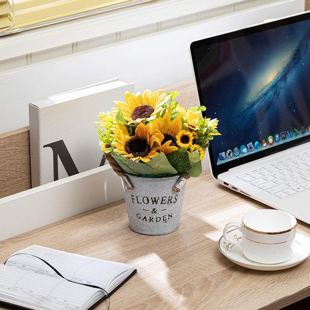 Artificial Sunflower Bouquet with Vase Plastic Simulation Yellow Flowers Metal Potted Bonsa for Home Office Party Wedding Decor