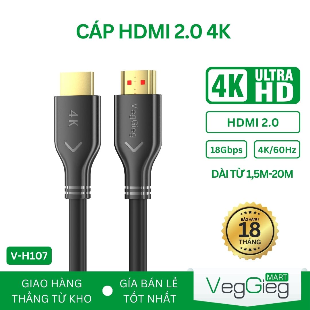Cáp HDMI 4K VegGieg 10m, 15m, 20m hàng chính hãng