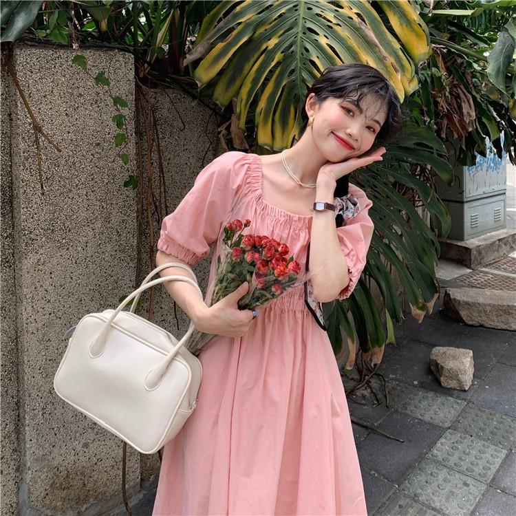 Đầm Dài Midi Cổ Vuông Bo Nhún Tay Ulzzang