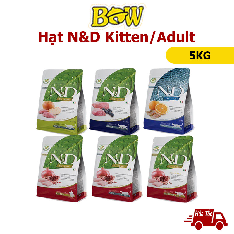 Hạt cho mèo N&amp;D 5kg cao cấp thức ăn cho mèo con và mèo trưởng thành Prime Kitten / Adult không độn ngũ cốc