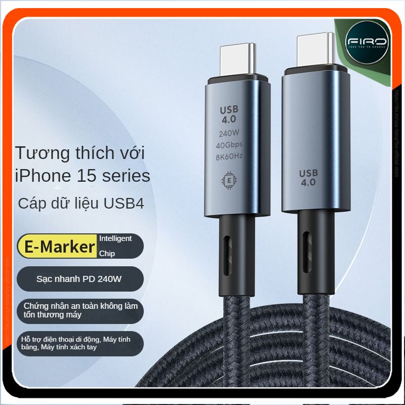 Cáp Sạc Nhanh USB Type C to Type C PD 240W - Dây Cáp Dữ Liệu FIRO USB4 CABLE - Sạc Nhanh PD 240W, Truyền Dữ Liệu 40Gbps, Video 8K60Hz - 48V@5A PD240W/8K60Hz/40Gbps - Dài 1,5 Mét - Dùng Cho iPhone 15 Series, Macbook, Laptop, Smartphone - Hàng Chính Hãng