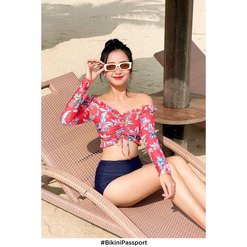 Áo bơi NỮ lẻ BIKINI PASSPORT kiểu tay dài phối nhún đường viền - màu Đỏ - BS333_RD