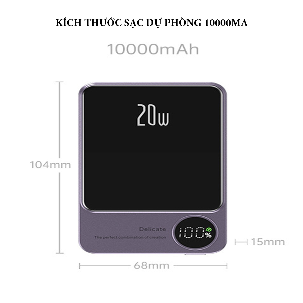 Sạc dự phòng 10000mA không dây từ tính cho iphone với màn hình led quản lý dung lượng pin hỗ trợ sạc nhanh chuẩn PD20W