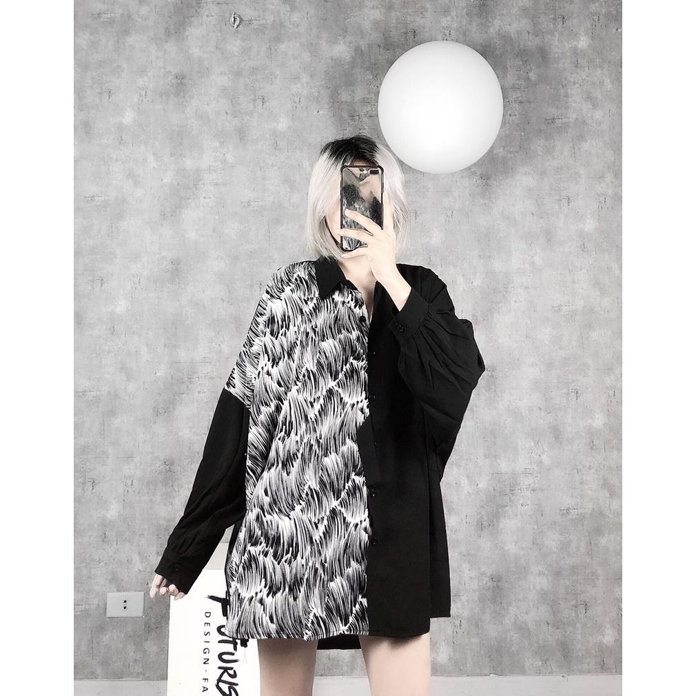 Sơmi White And Black Mix Nửa Thân, Áo sơ mi nữ form rộng phối lụa hàn họa tiết