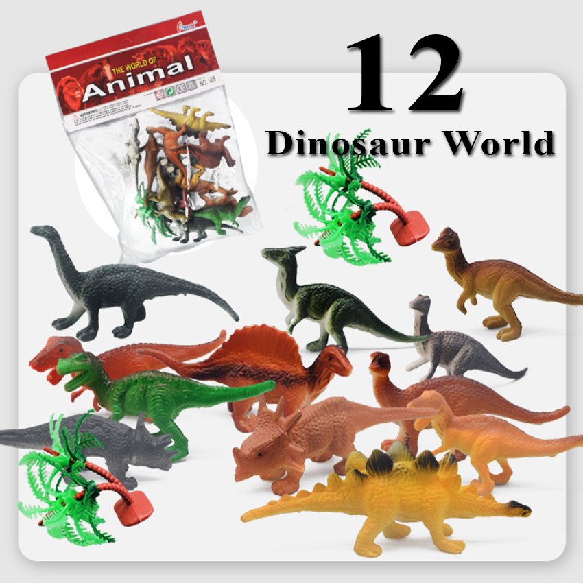 Bộ đồ chơi 12 mô hình khủng long mini Animal World 129 kèm cây trang trí (4x8 cm)