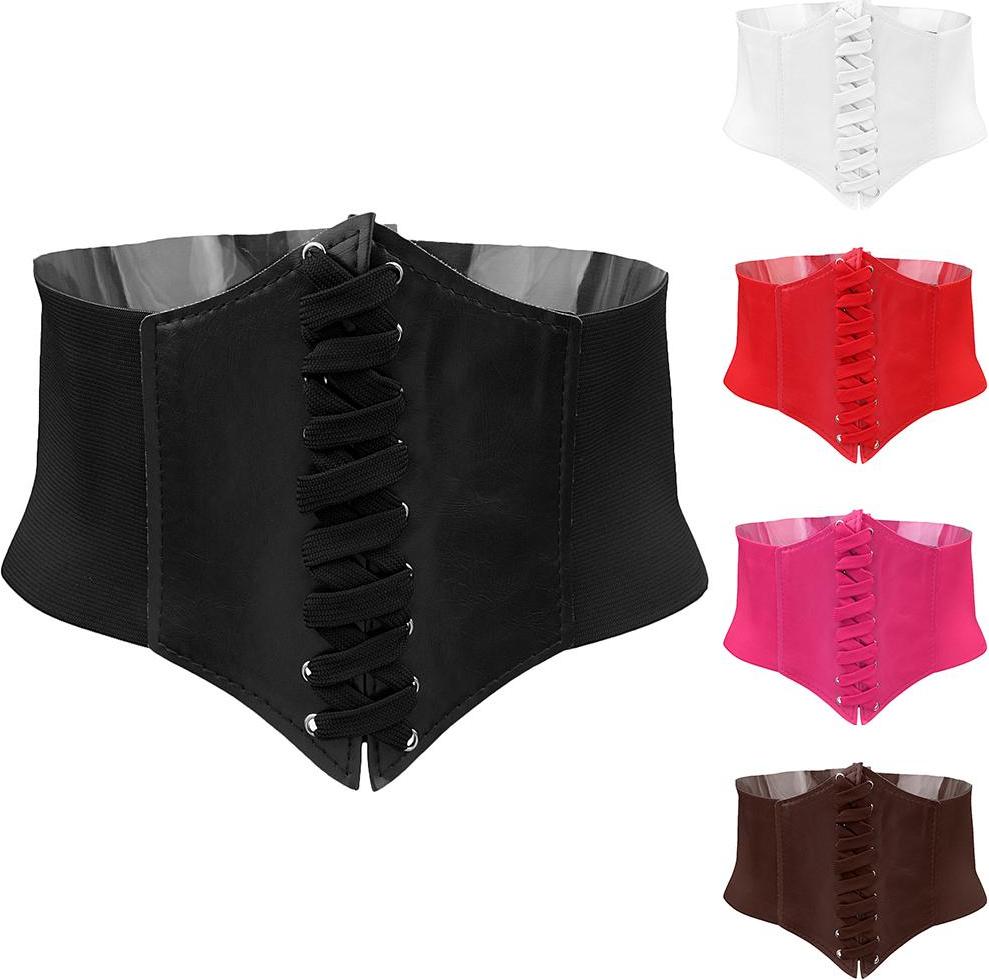 Women Wide Waist Bend Corset Cincher Lace up Waspie Girdle Belt Faux Leather