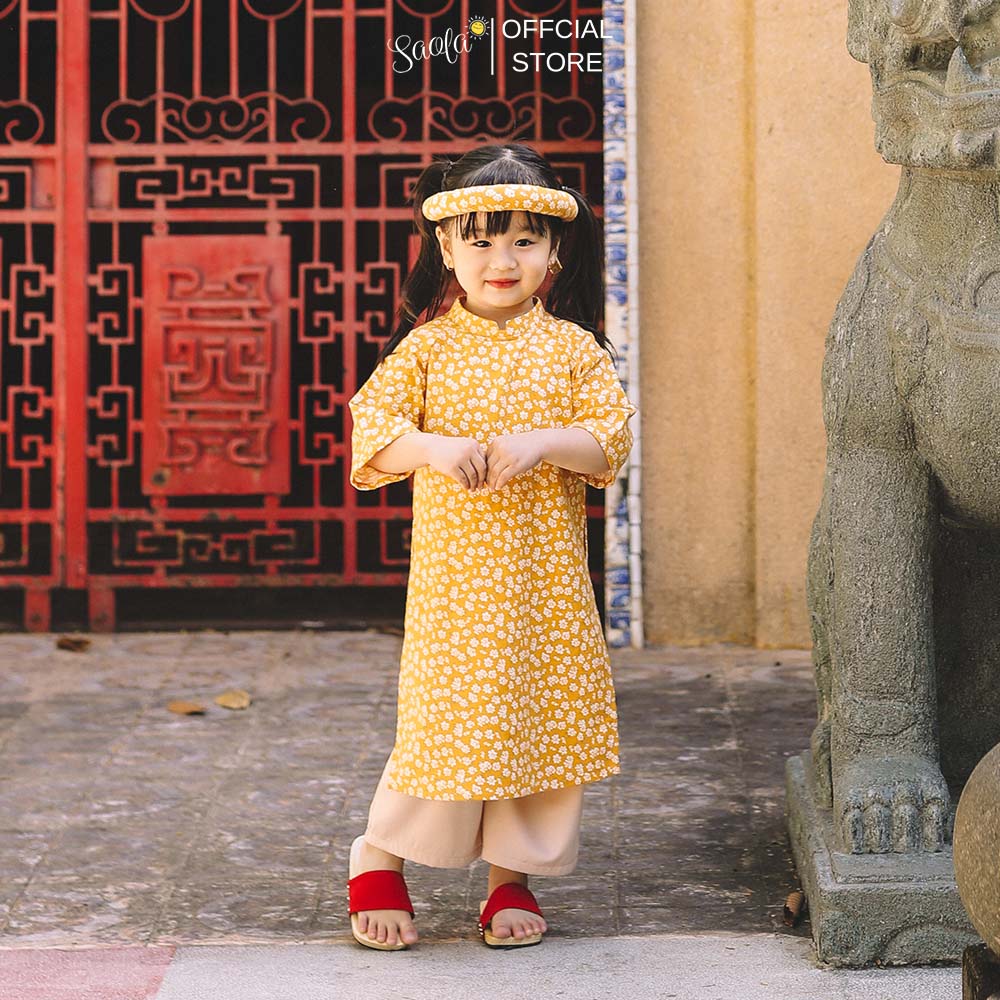 Áo Dài Tết Cách Tân Cho Bé Gái Hoạ Tiết Hoa Nhí  - Áo Dài "An" - AD001 - SAOLA KIDS CLOTHING