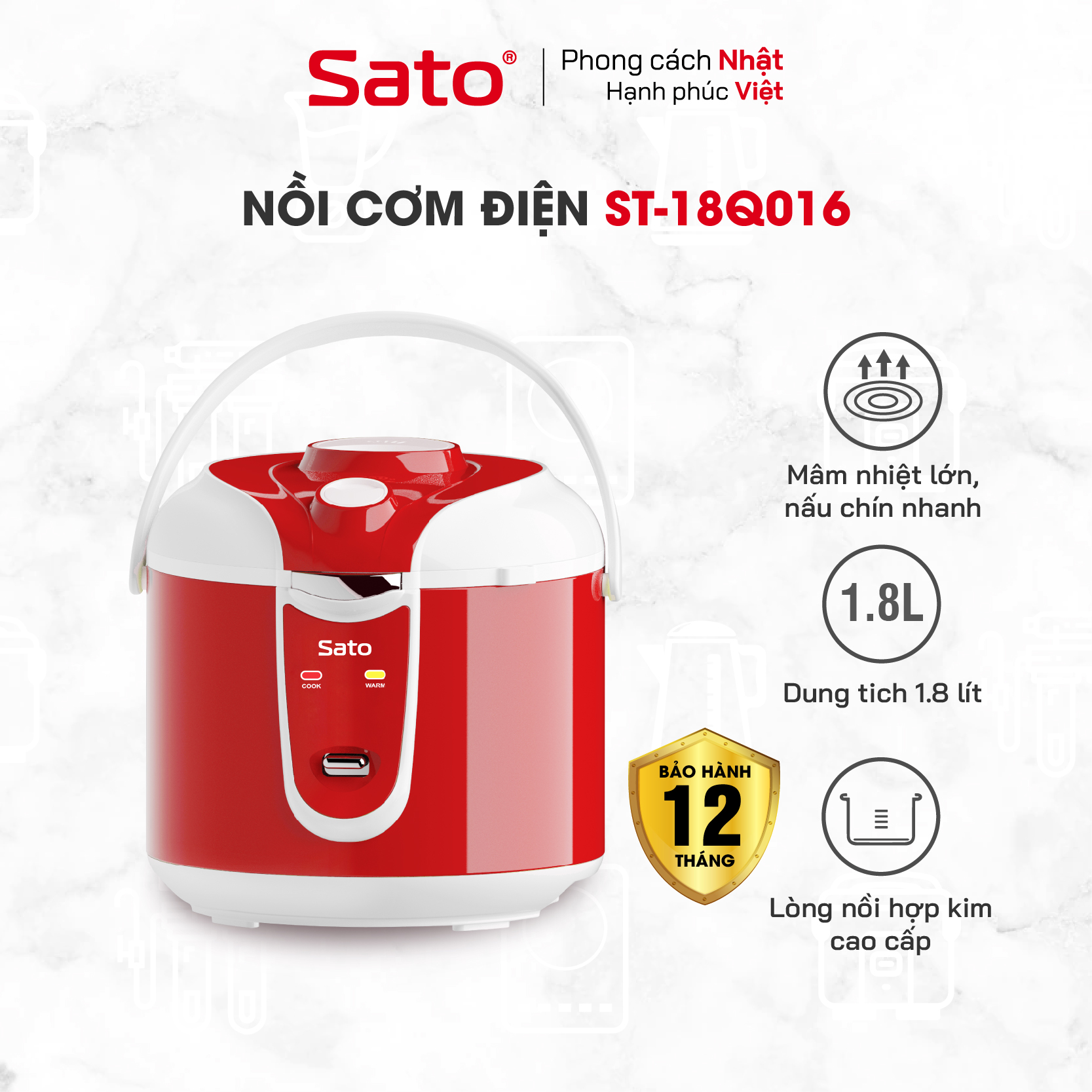 Nồi Cơm Điện SATO 18Q016 1.8L - Lòng nồi hợp kim nhôm phủ chống dính cao cấp, an toàn cho sức khỏe - Miễn phí vận chuyển toàn quốc- Hàng chính hãng