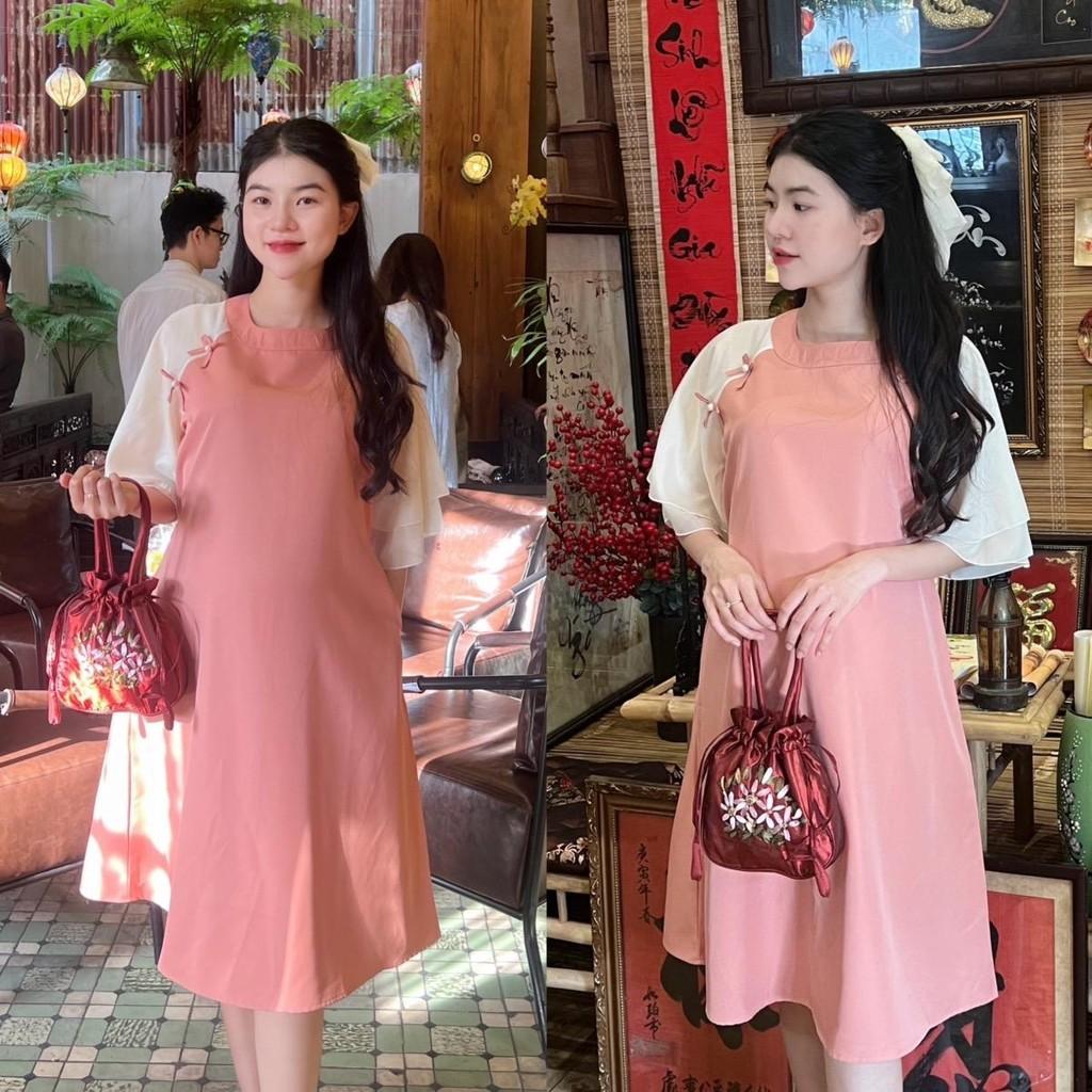 Đầm bầu thiết kế kiểu Áo dài cách tân Chất Cotton Lạnh đính nơ xinh xắn, thanh lịch - Vàng