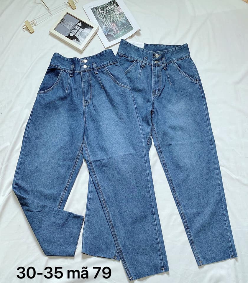Quần baggy jean nữ lưng cao, size đại, lưng bản to phối 2 nút