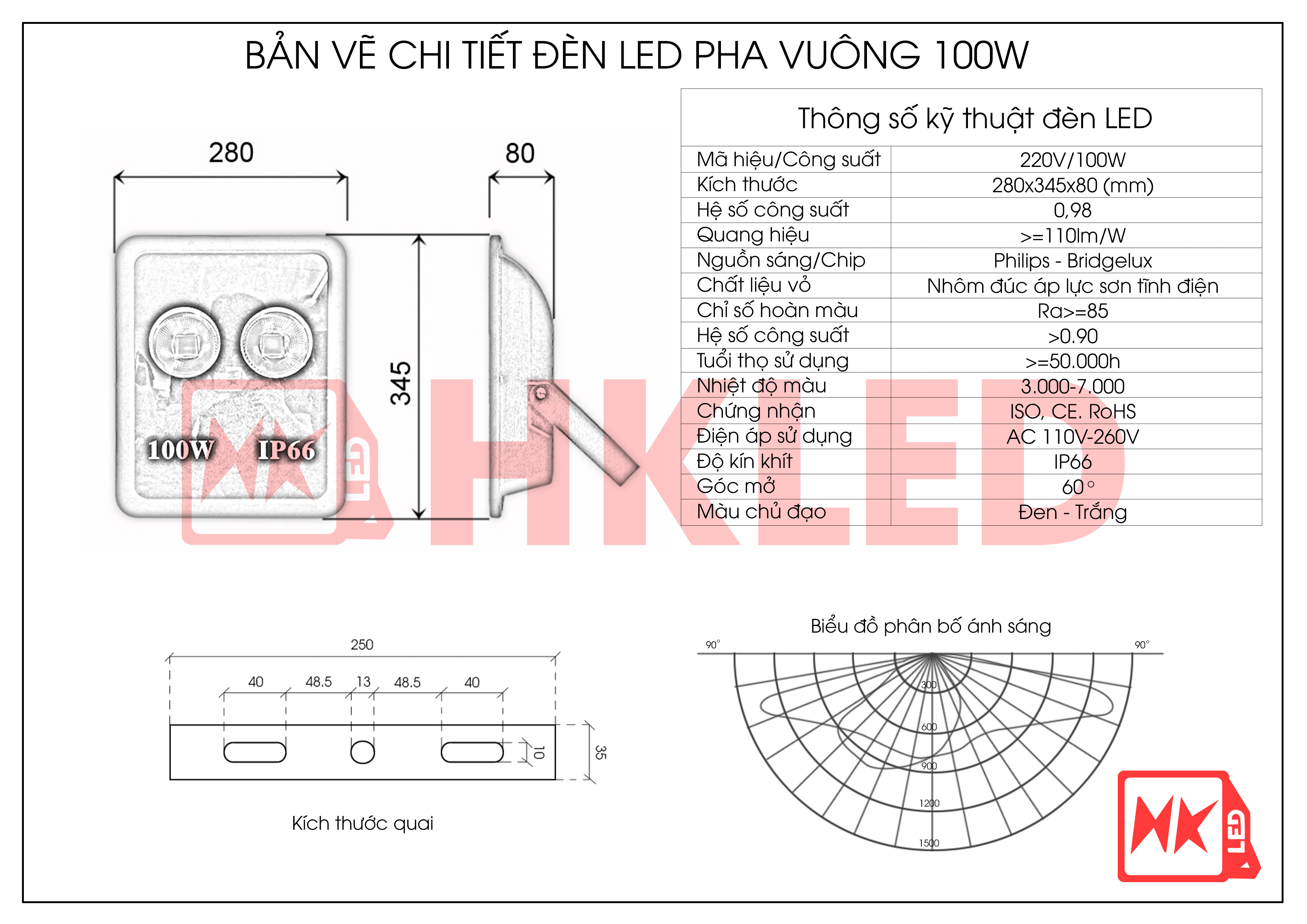 HKLED - Đèn pha tròn vuông LED ngoài trời 100W - IP65 - DPTV100