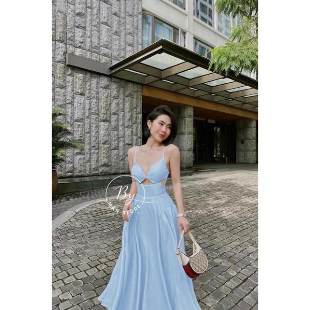 Đầm maxi đũi có mút ngực khoét 2 dây dập ly khoét eo trắng vàng xanh Ivy fashion đi biển dự tiệc dạo phố bigsize gợi c