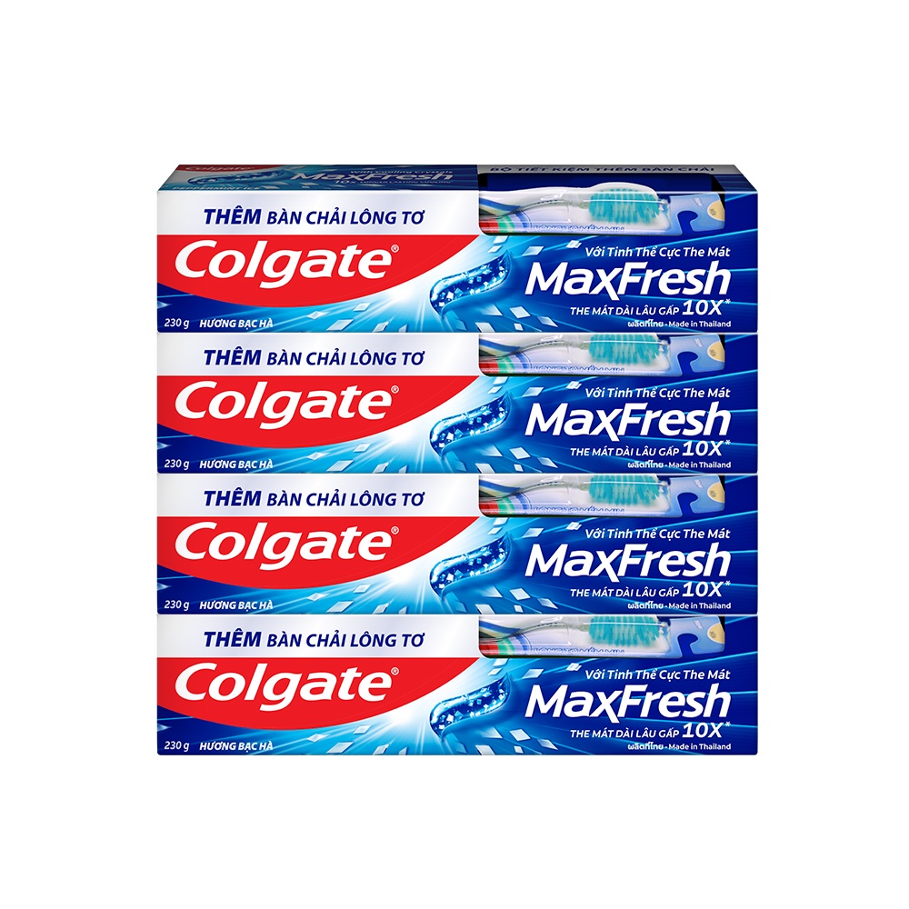 Bộ 4 Kem đánh răng Colgate bạc hà the mát Maxfresh 225g/tuýp tặng bàn chải đánh răng lông mềm