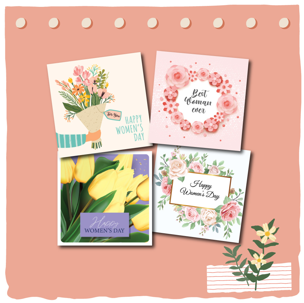 Combo 4c Thiệp ngày phụ nữ 8.3 và 20.10 Women's day - Thiệp Grey 9x9cm kèm phong bì