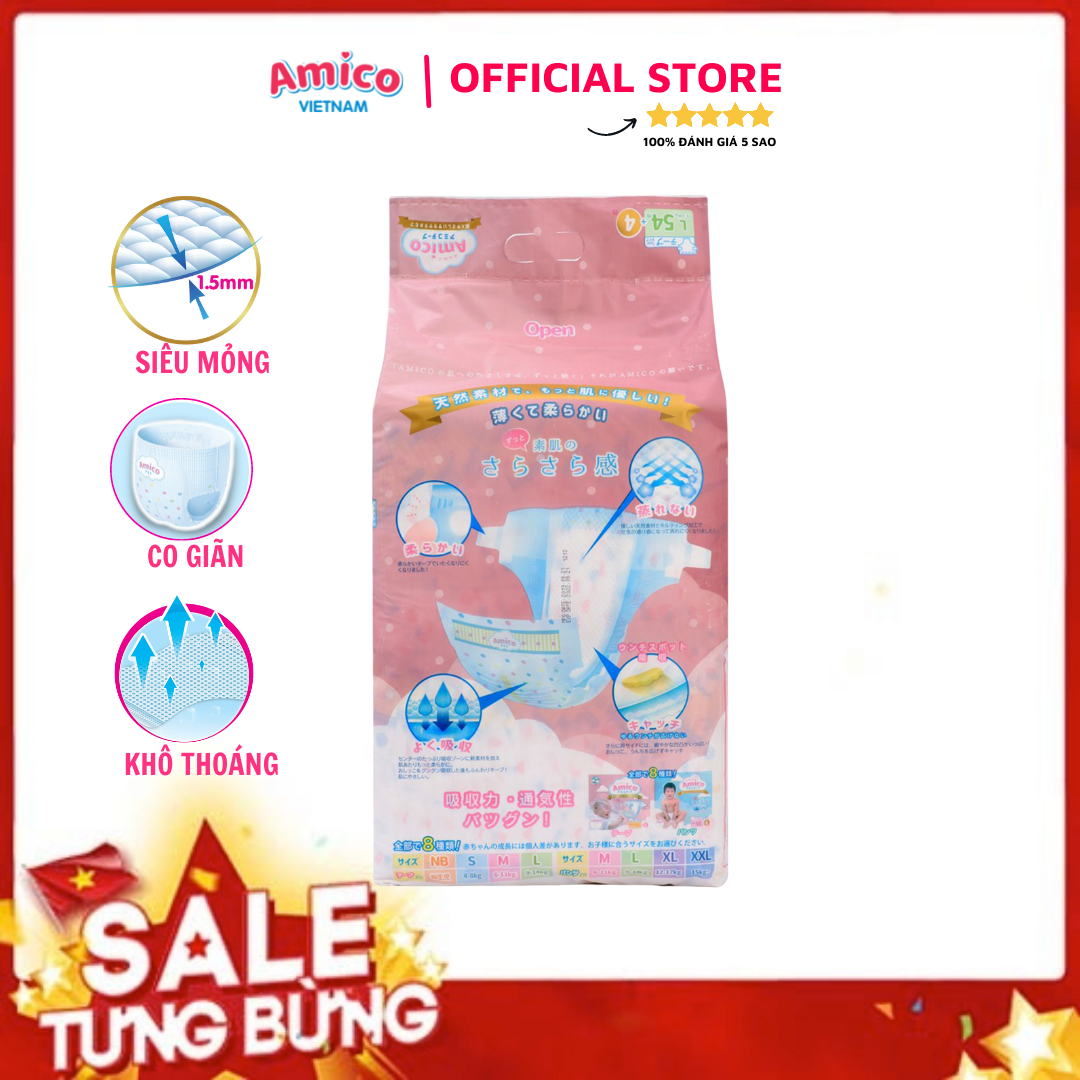 Bỉm - Tã dán Amico size L 54 + 4 miếng (Cho bé 9 - 14 kg)