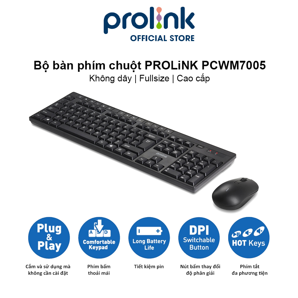 Bộ bàn phím chuột không dây PROLiNK PCWM7005 Fullsize cao cấp, chống thấm nước, thời lượng pin cao dành cho PC, Laptop - Hàng chính hãng