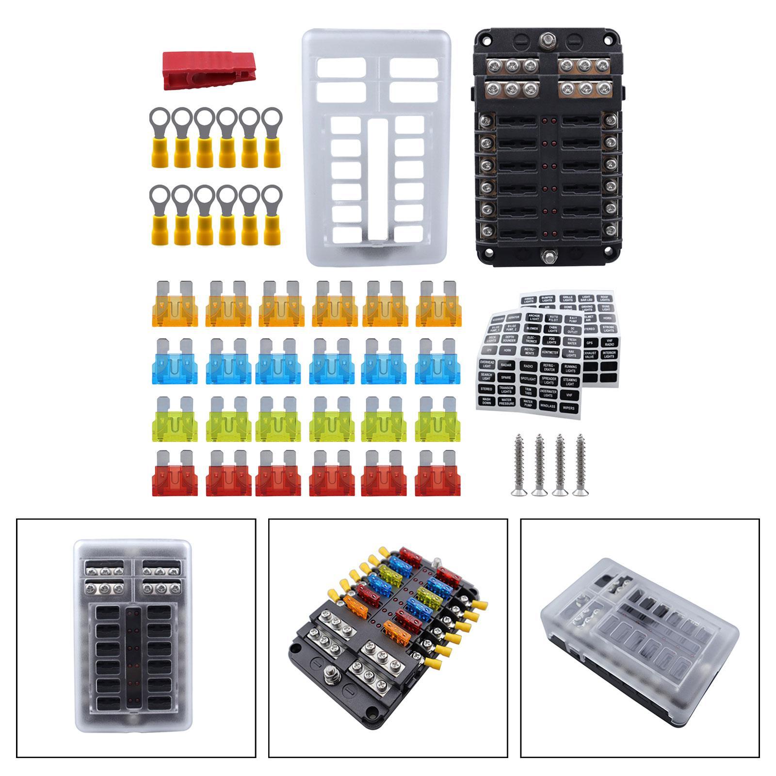12V Fuse Block Accessory Attachment Professional Waterpoof Replaces 24V 12V 12 Way Marine Fuse Block Fuse Box Holder for Vehicle Van RV