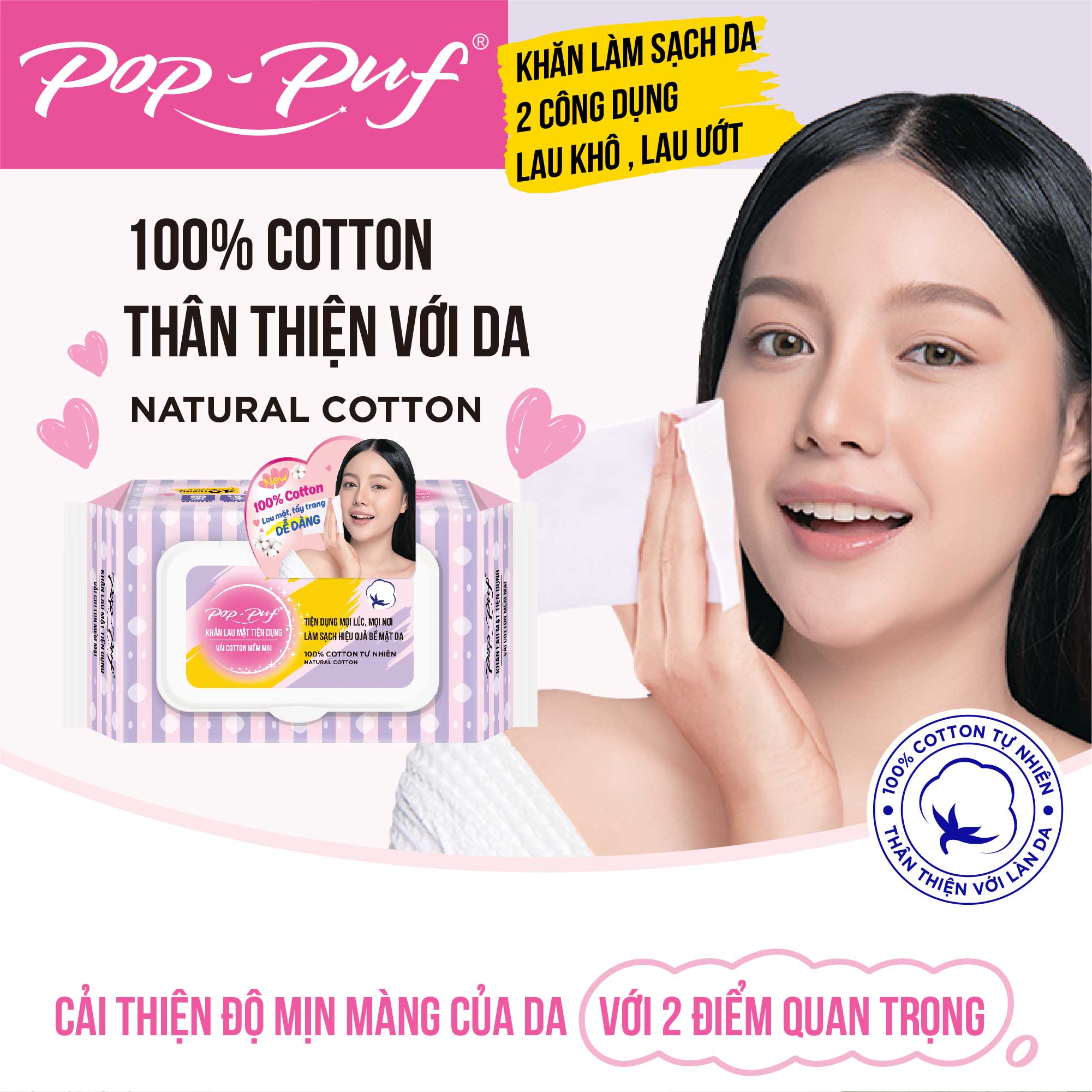 {SẢN PHẨM MỚI} Khăn Lau Mặt Tiện Dụng Pop-Puf Vải 100% Cotton 40 Miếng/Bao