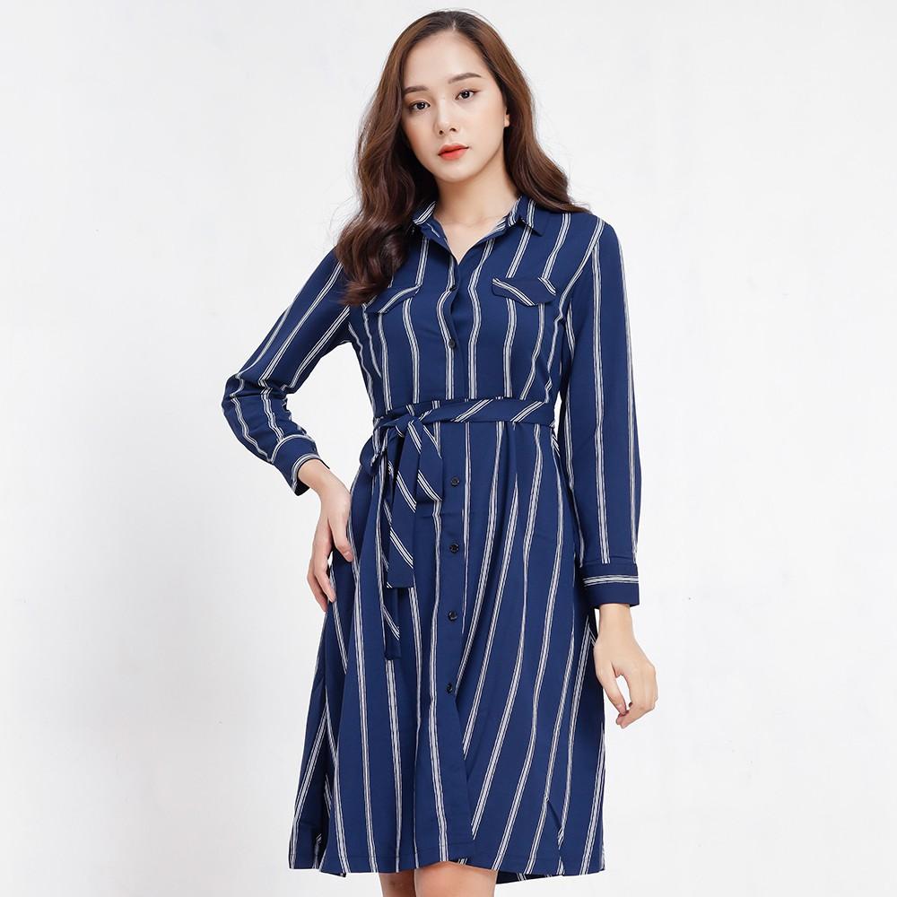Đầm midi suông cổ sơ mi tay dài Callia