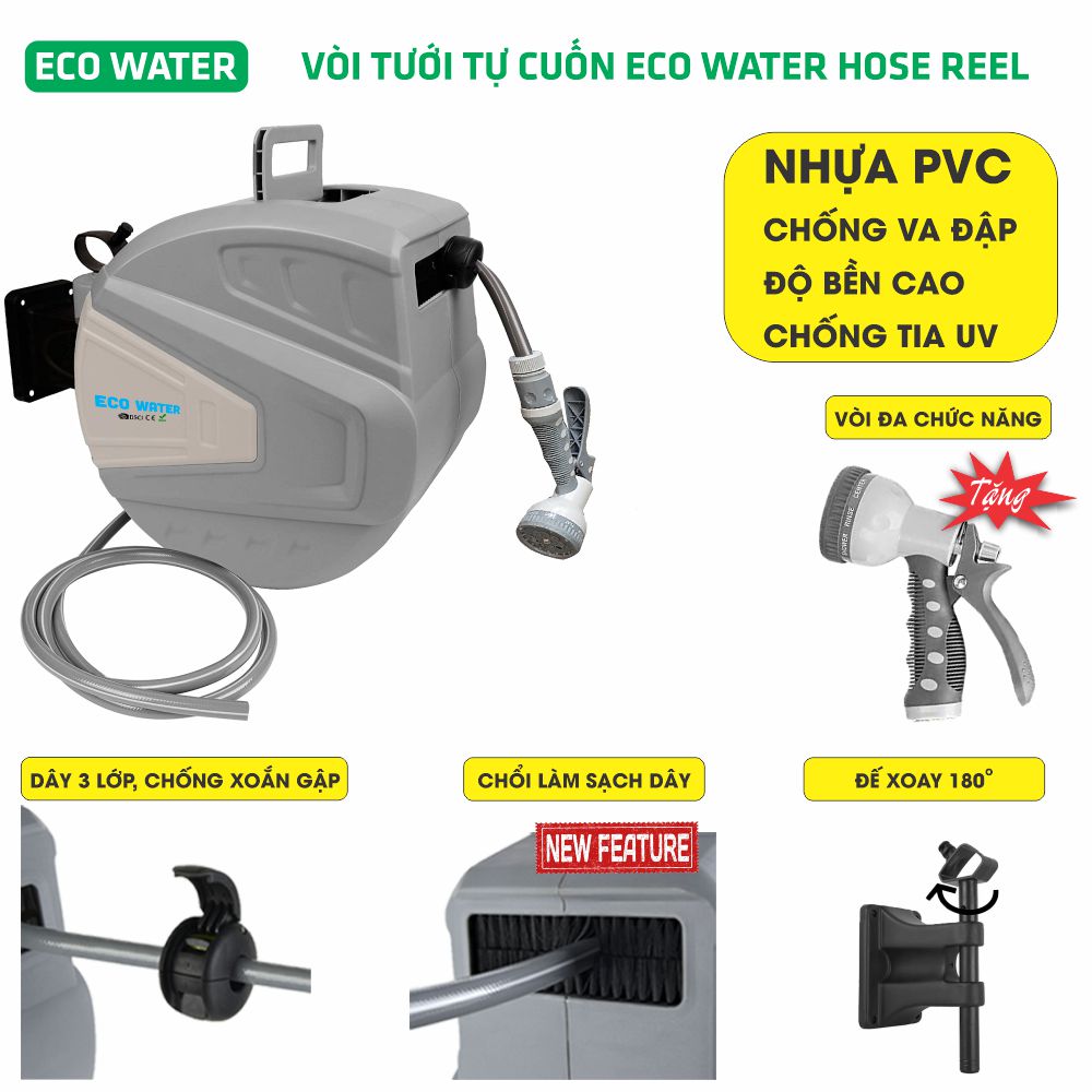 Vòi Tưới Cây Tự Thu Dây EcoWater Hosereel. Chiều dài 10m.Tính năng vào chậm chống rối.Thẩm mỹ - Hiệu quả - Bền hơn 5 năm.Tặng kèm đầu phun 9 cấp độ