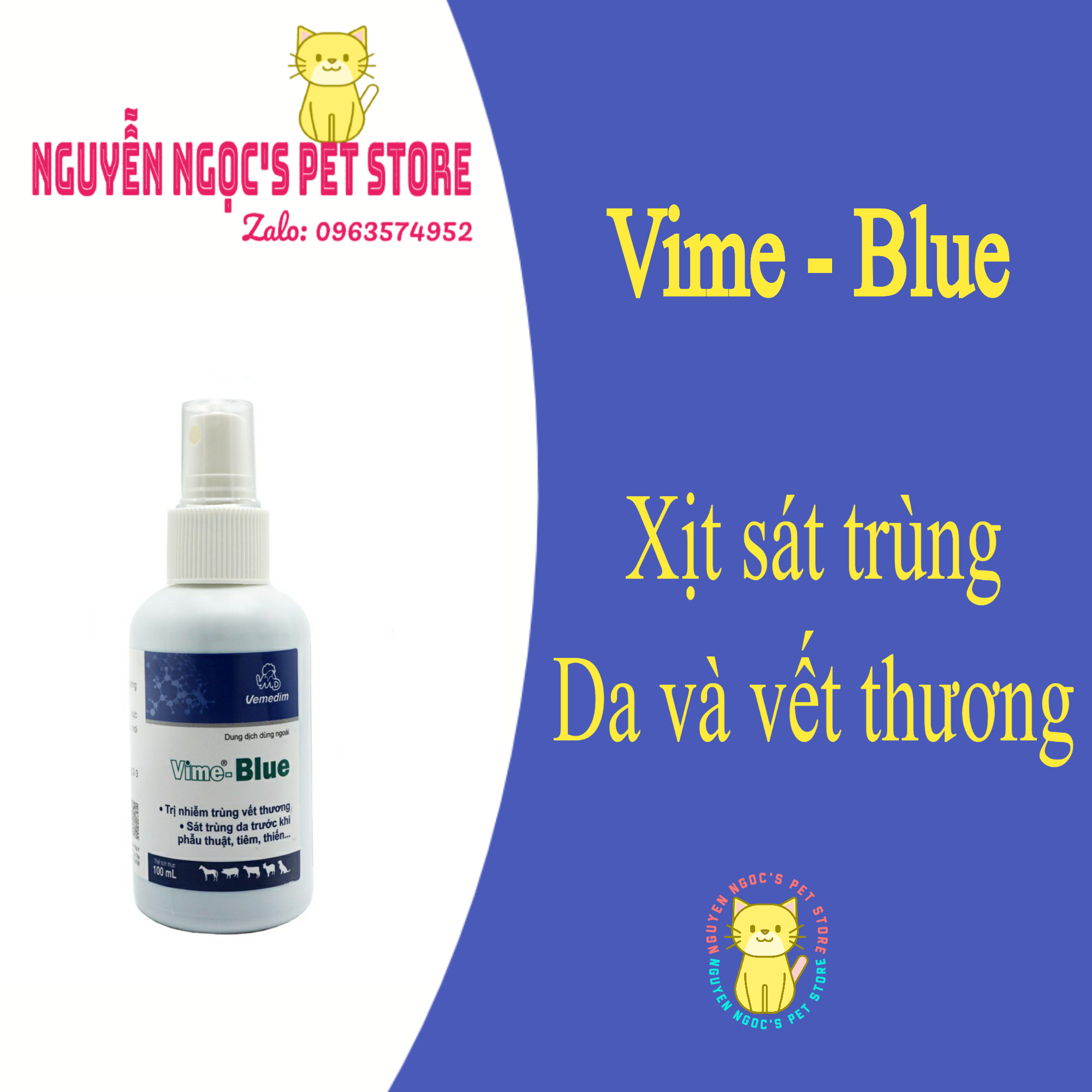 Vime Blue Vemedim - Dung dịch phun sát khuẩn vết thương, hậu phẫu cho chó mèo chai 100ml