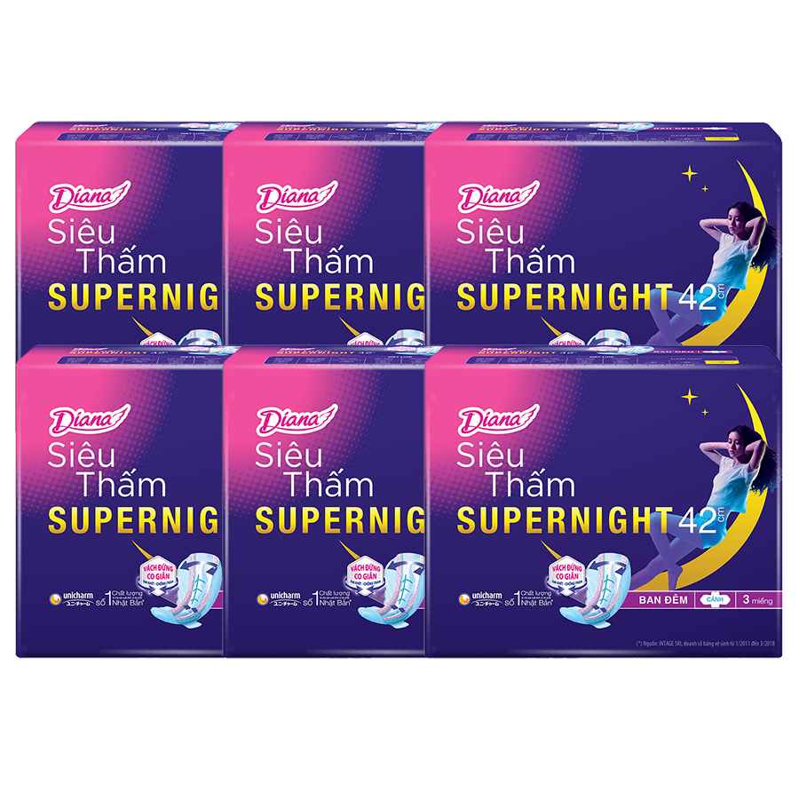 Combo 6 Băng Vệ Sinh Diana Super Night Có Cánh 42cm (Gói 3 Miếng)
