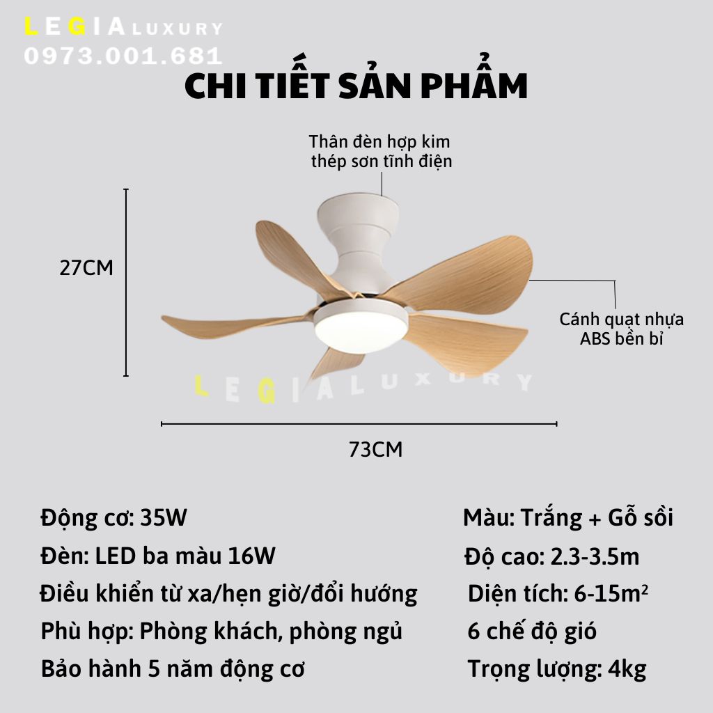 Quạt Trần Mini 5 Cánh LÊ GIA LGFAN650G - Chiều Cao 23cm - Sải Cánh 73cm - Bảo Hành 5 Năm