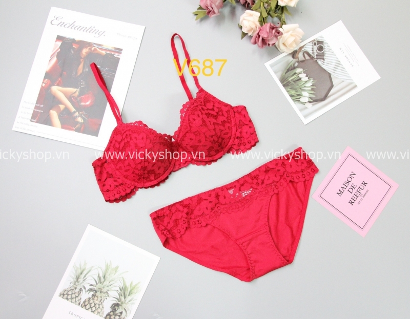 Bộ Đồ Lót Nữ Ren Hoa Không Gọng Không Mút - V687