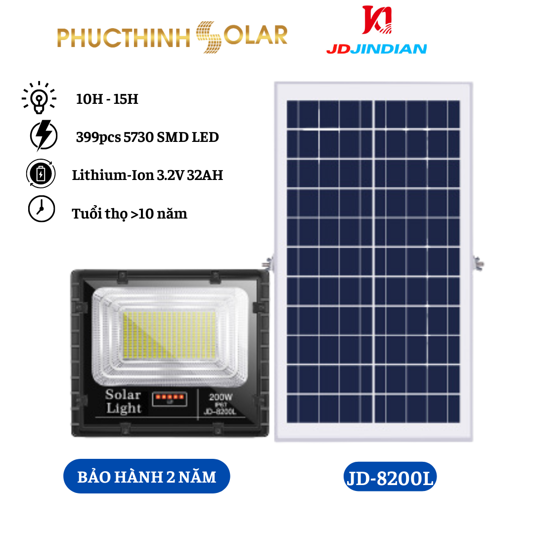 Đèn Năng Lượng Mặt Trời 200W Jindian JD-8200L Đèn Pha Led Ngoài Trời Kính Cường Lực Chống Nước IP67 | Phúc Thịnh Solar