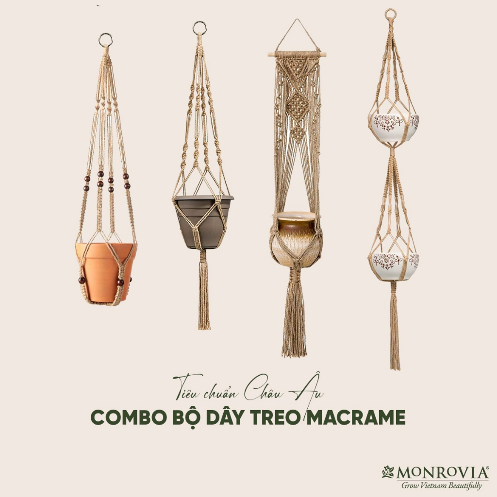 Combo 4 dây treo chậu cây Macrame MONROVIA, trang trí trong nhà, sân vườn, đan thủ công tỉ mỉ, Tiêu chuẩn Châu Âu