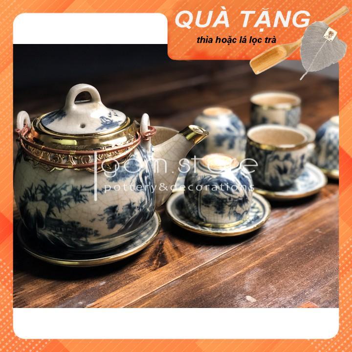 Ấm trà Bát Tràng men rạn giả cổ dáng quả dưa bọc đồng