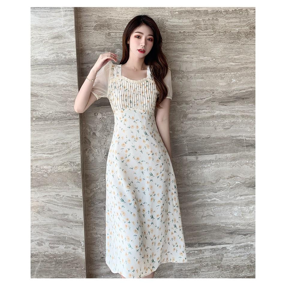 Đầm hoa nhí ngực xếp ly