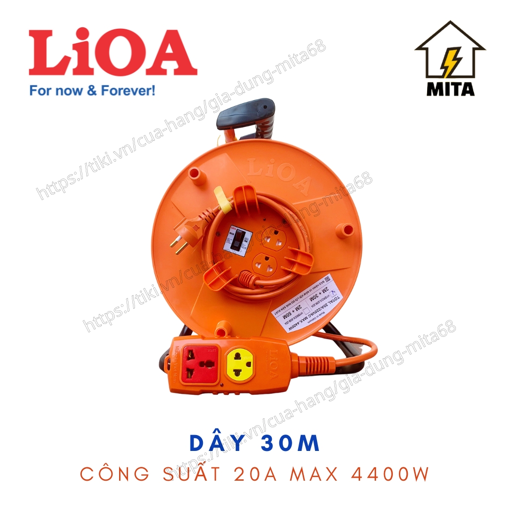 Ổ Cắm Kéo Dài Quay Tay Kiểu Rulo Hybrid LiOA NEW loại Chống Xoắn dây dài 30m/50m công suất 20A 3 Lõi - MITA