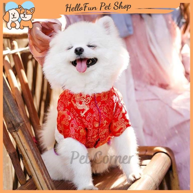 Quần áo Tết cho chó mèo, áo dài vải gấm cho thú cưng