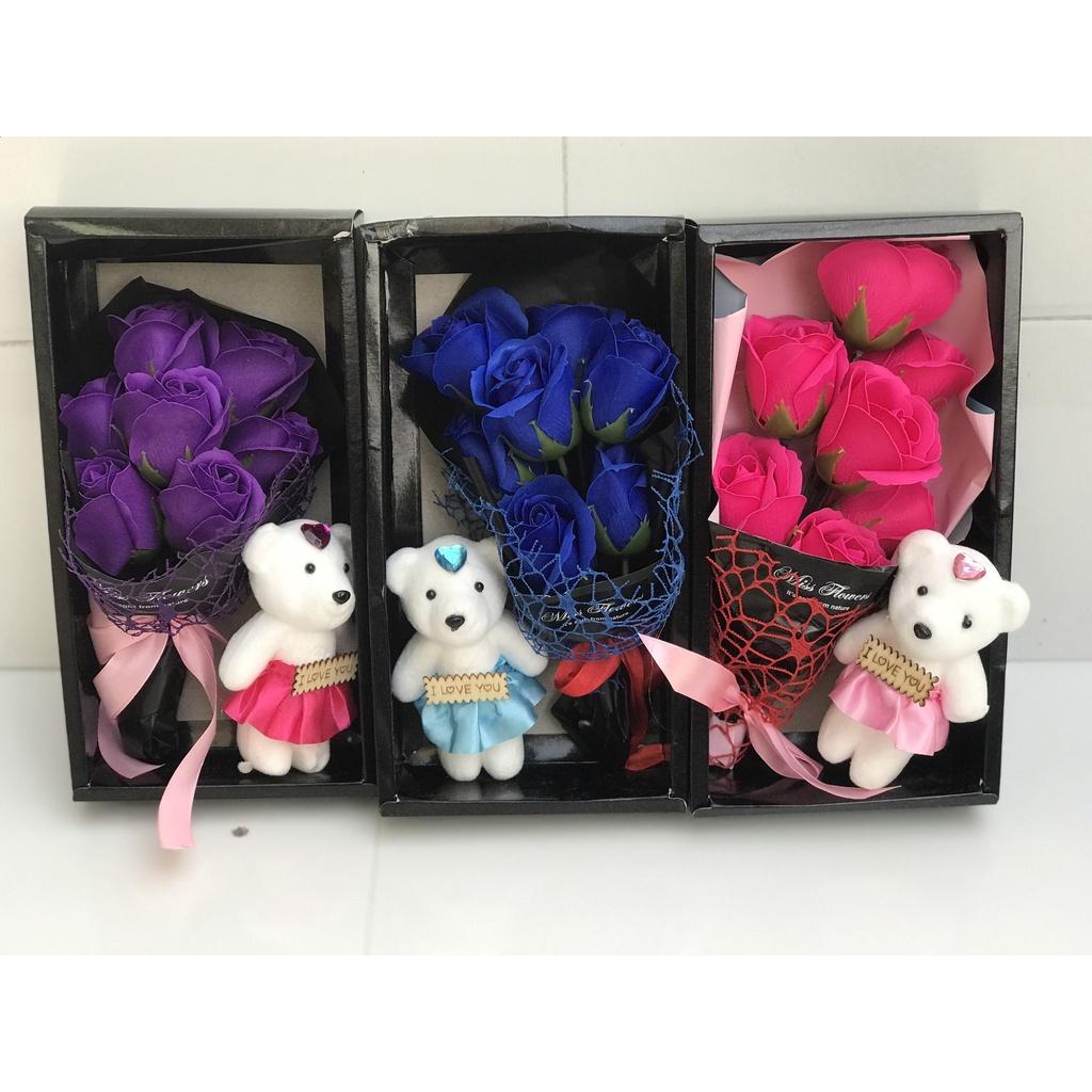 Hoa Hồng Sáp Hộp Đen 7 Bông 1 Gấu - Quà Tặng Giáng Sinh Noel, Sinh Nhật, Lễ tết 14/2, 8/3, 20/10,