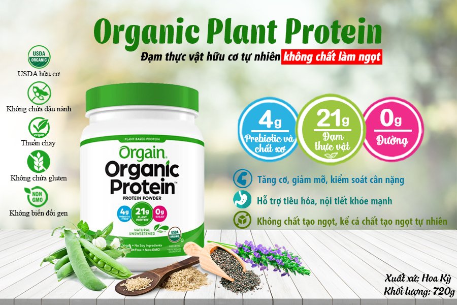 Đạm thực vật hữu cơ không chất làm ngọt - Organic Plant Protein Natural Unsweetened 720gr Orgain