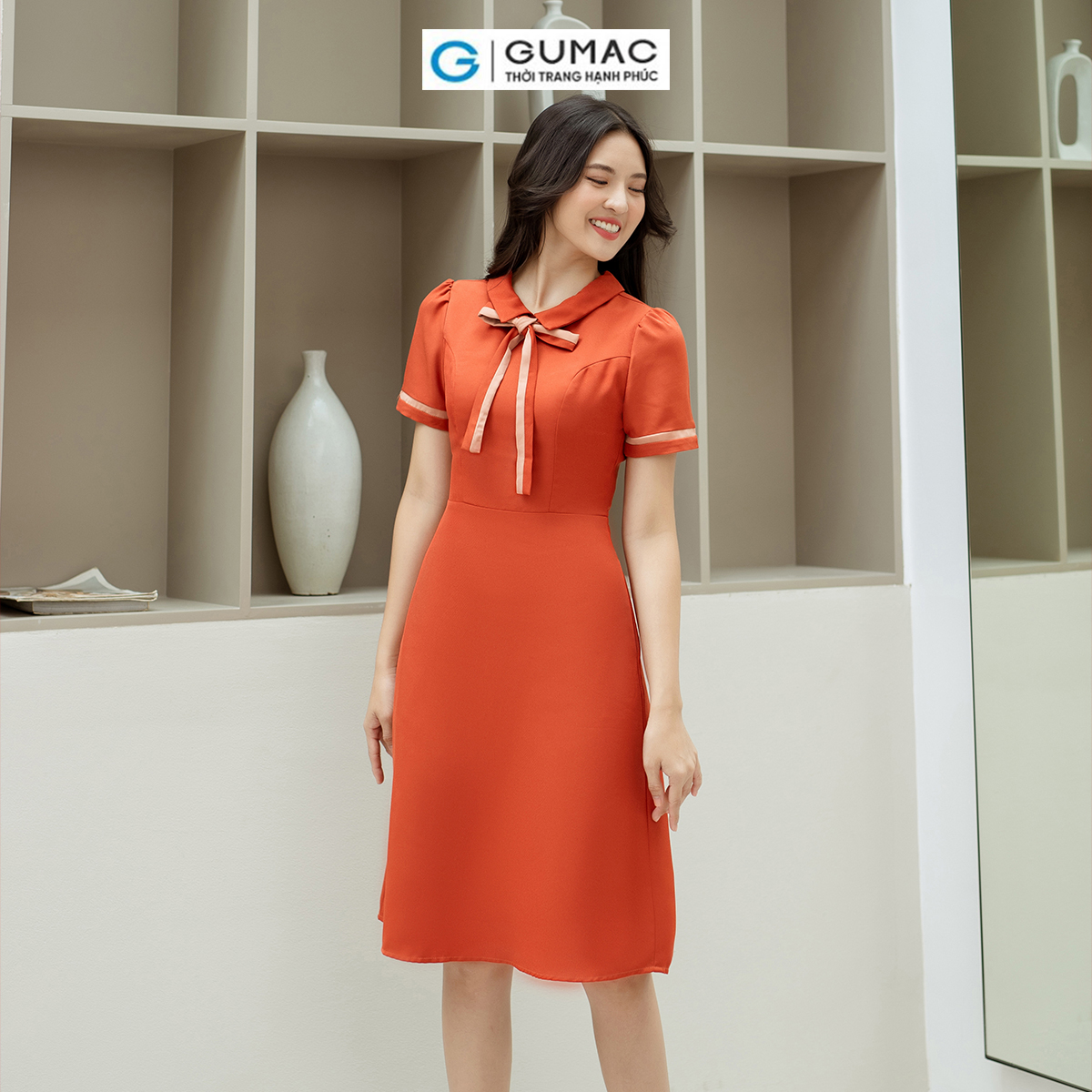 Đầm A nẹp tay phối thời trang GUMAC LDD0805